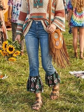 Pilcro and the Letterpress 29 70s Woodstock Boho Hippie Cropped Mesh Flare Jeans